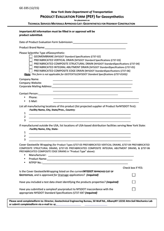 Form Ge-335 - Product Evaluation Form (pef) For Geosynthetics