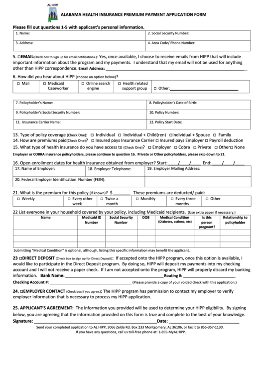Alabama Health Insurance Premium Payment Application Form Printable pdf