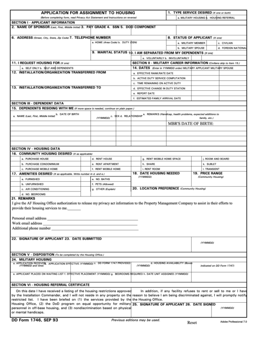 Dd Form 1746 - Application For Assignment To Housing