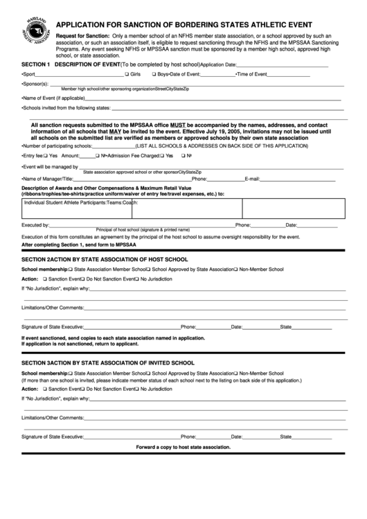 Fillable Application For Sanction Of Bordering States Athletic Event Printable pdf