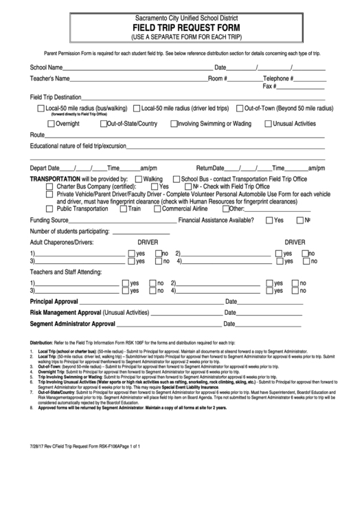 Fillable Form Rsk -F106a - Field Trip Request Form - Sacramento City Unified School District Printable pdf