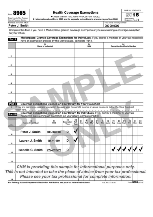 Form 8965 Sample - Health Coverage Exemptions - 2016