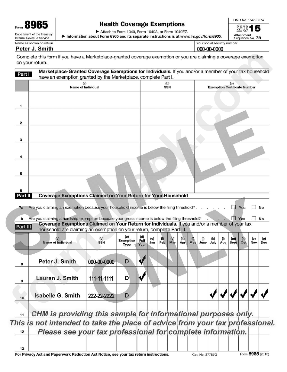 Form 8965 Sample - Health Coverage Exemptions - 2015