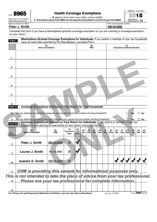 Form 8965 Sample - Health Coverage Exemptions - 2015 Printable pdf