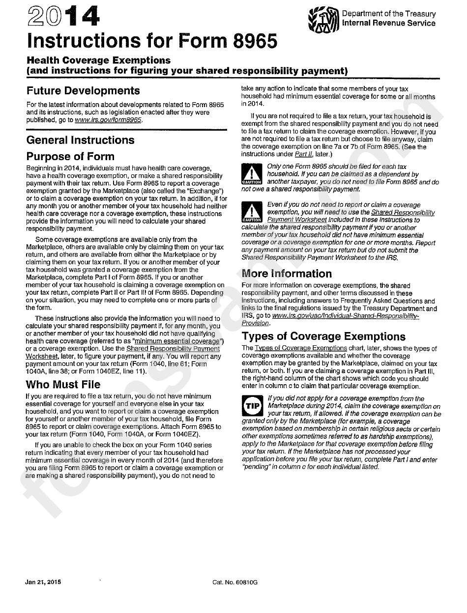 Instructions For Form 8965 - Health Coverage Exemptions - 2014 ...
