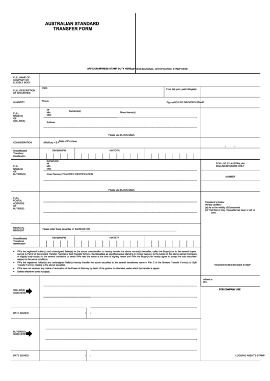 Australian Standard Transfer Form Printable pdf