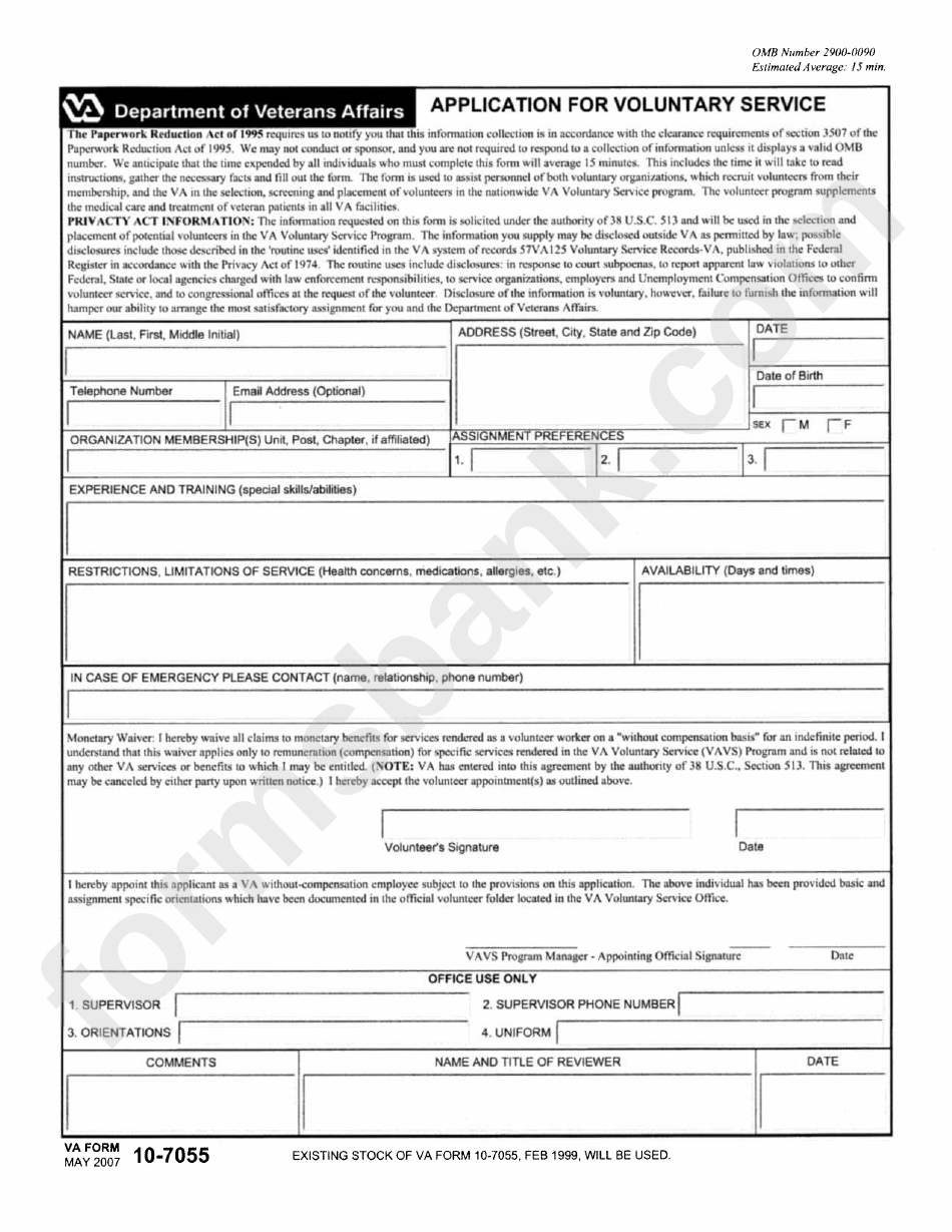 Va Form 10-7055 - Application For Voluntary Service