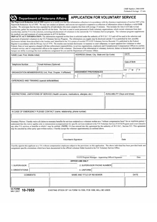 Va Form 10-7055 - Application For Voluntary Service Printable pdf