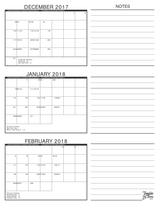 January, February 2018 Calendar Template
