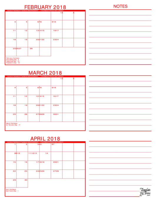 February, March, April 2018 Calendar Template