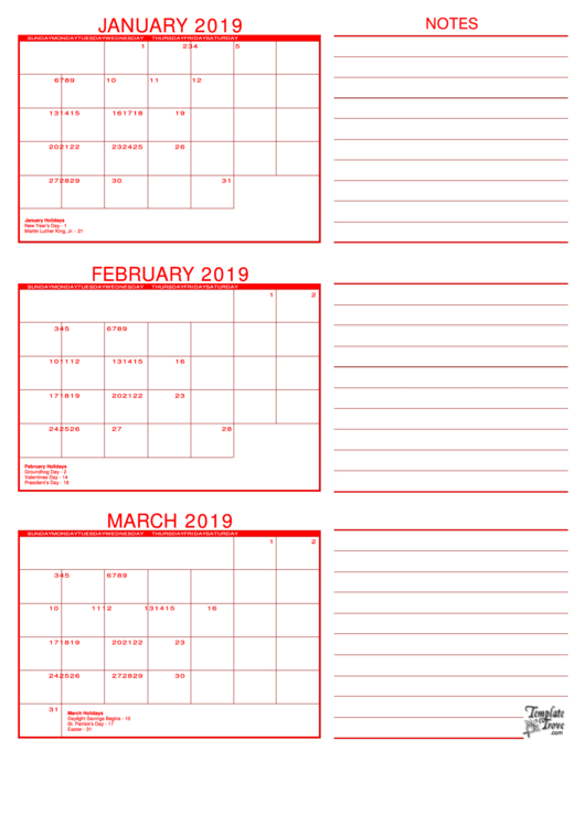 January, February, March 2019 Calendar Template Printable pdf