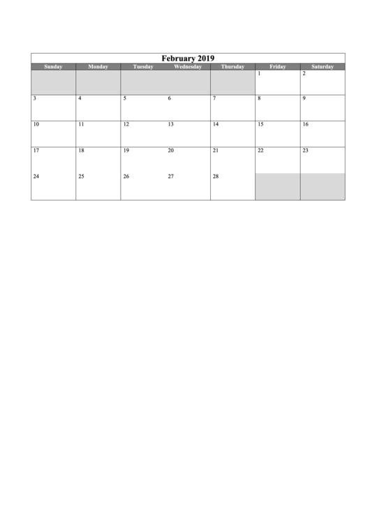 February 2019 Calendar Template Printable pdf