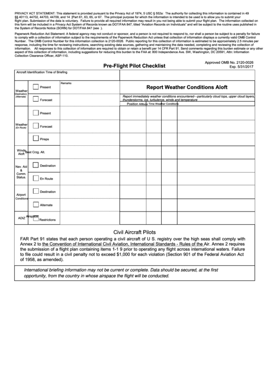 Fillable Faa Form 7233-4 - Pre-Flight Pilot Checklist Printable pdf