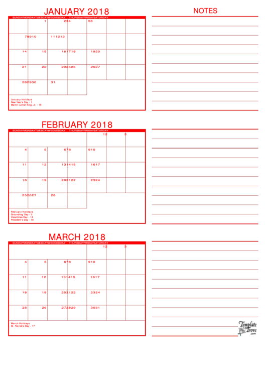January, February, March 2018 Calendar Template Printable pdf