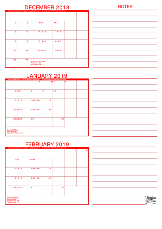 December 2018, January, February 2019 Calendar Template