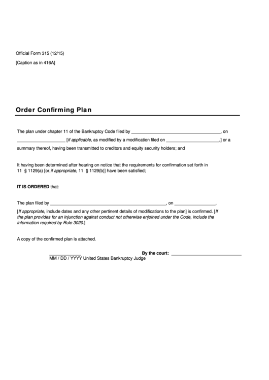 Official Form 315 - Order Confirming Plan Printable pdf