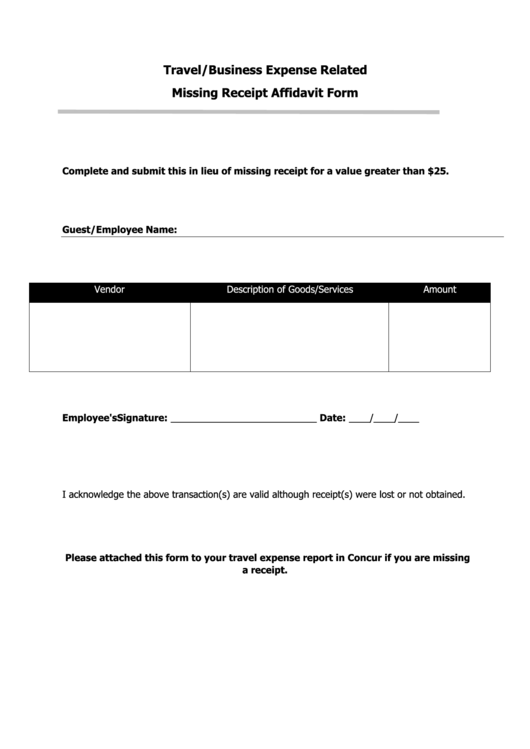 Travel/business Expense Related Missing Receipt Affidavit Form Printable pdf