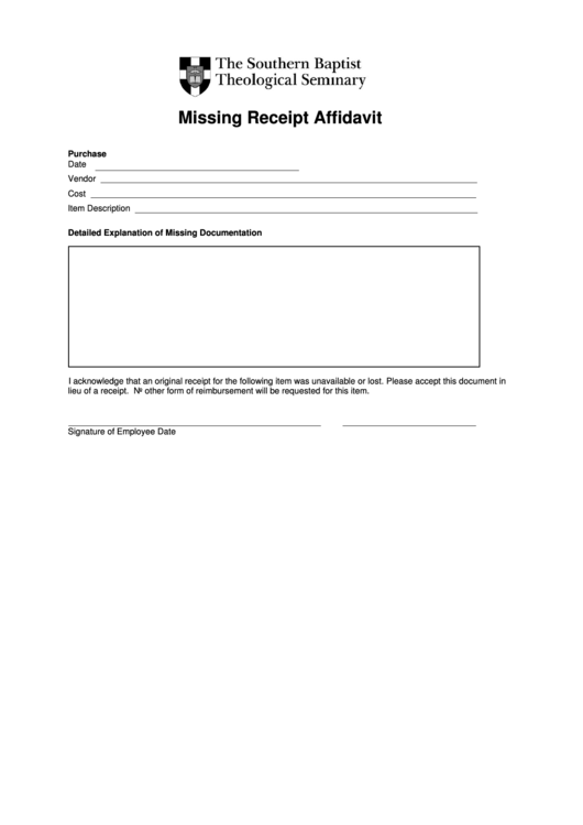 Fillable Missing Receipt Affidavit Printable pdf