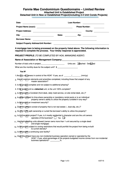 Fannie Mae Condominium Questionnaire - Limited Review Printable pdf