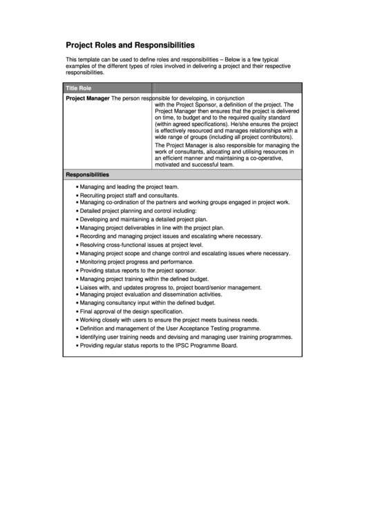 Sample Project Roles And Responsibilities Chart