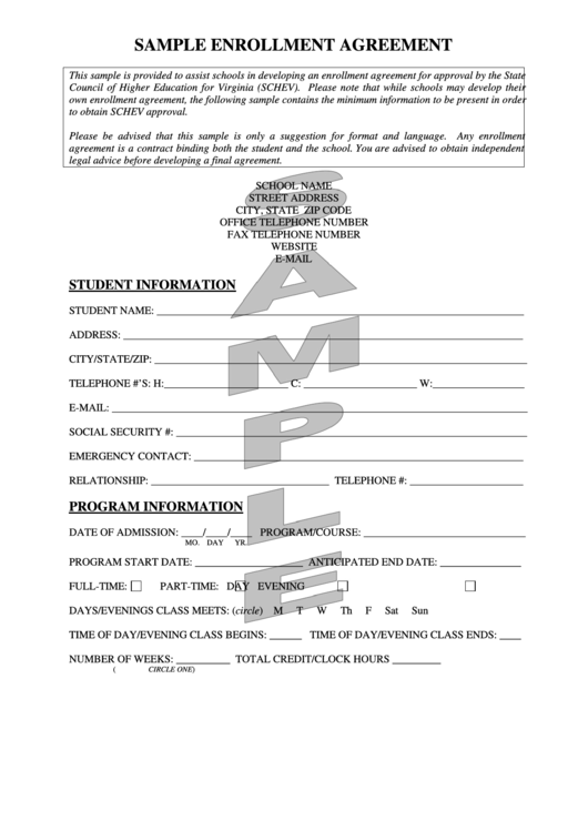 Sample Enrollment Agreement Printable pdf
