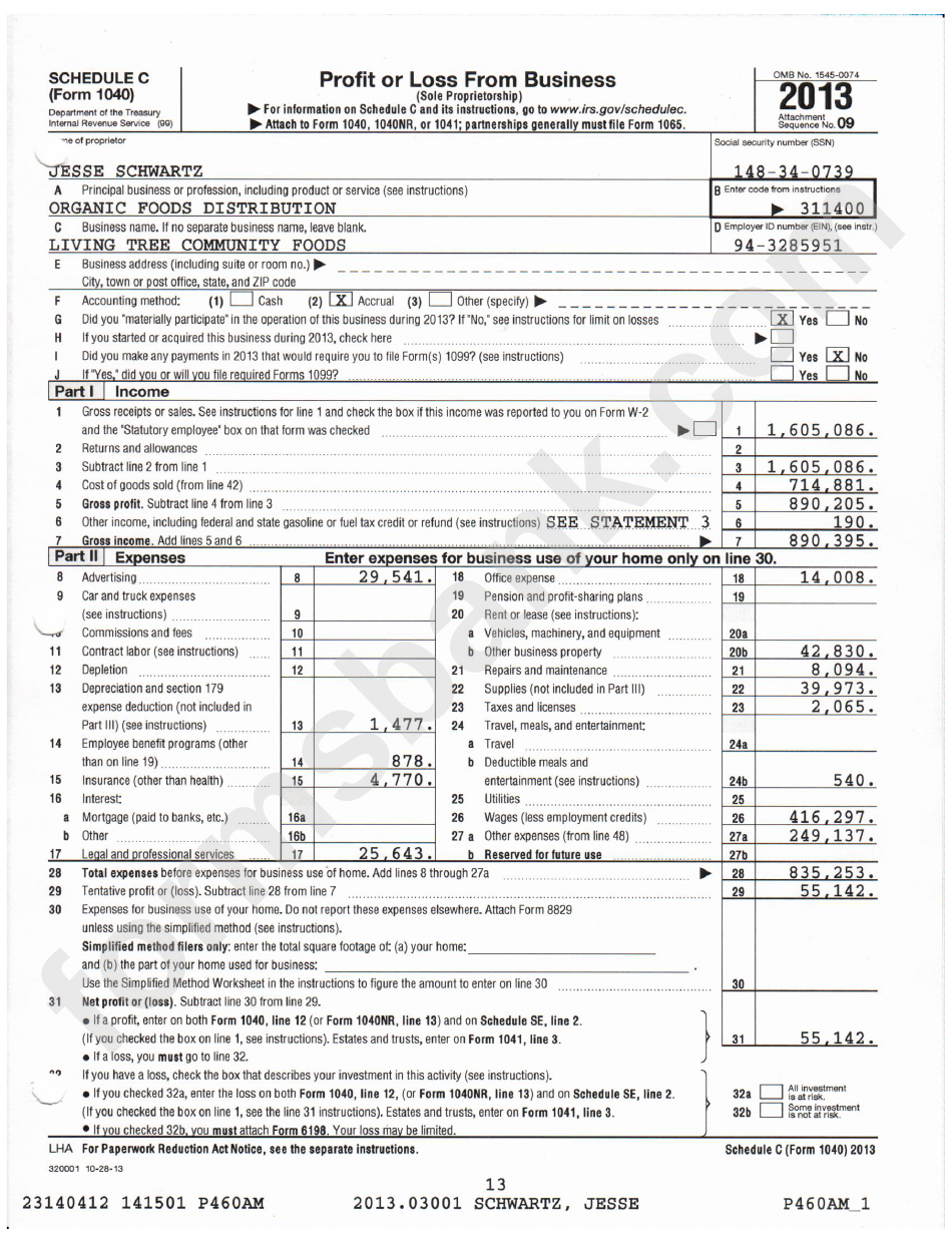 schedule c form 1040 example