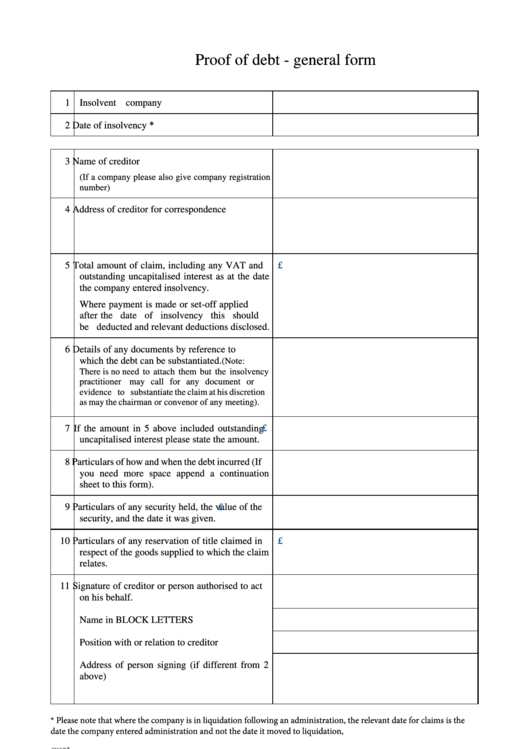 Proof Of Debt General Form Printable Pdf Download