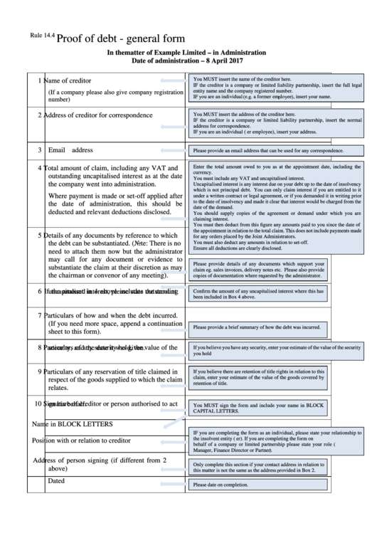 Proof Of Debt - General Form Printable pdf