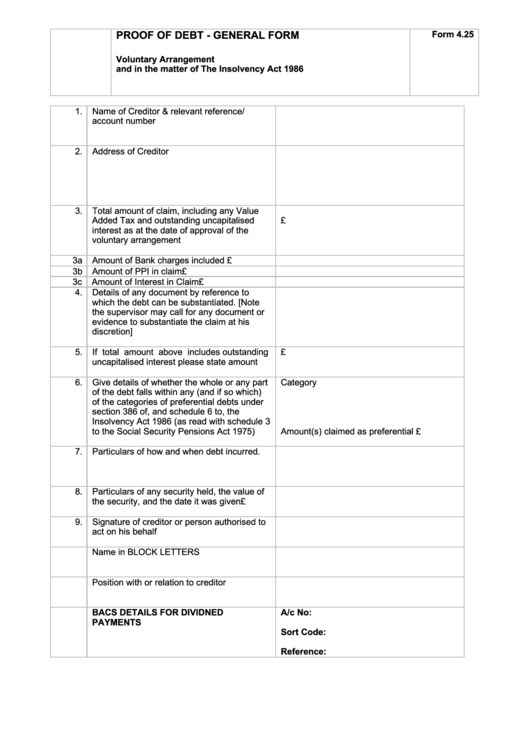 Form 4.25 - Proof Of Debt - General Form Printable pdf