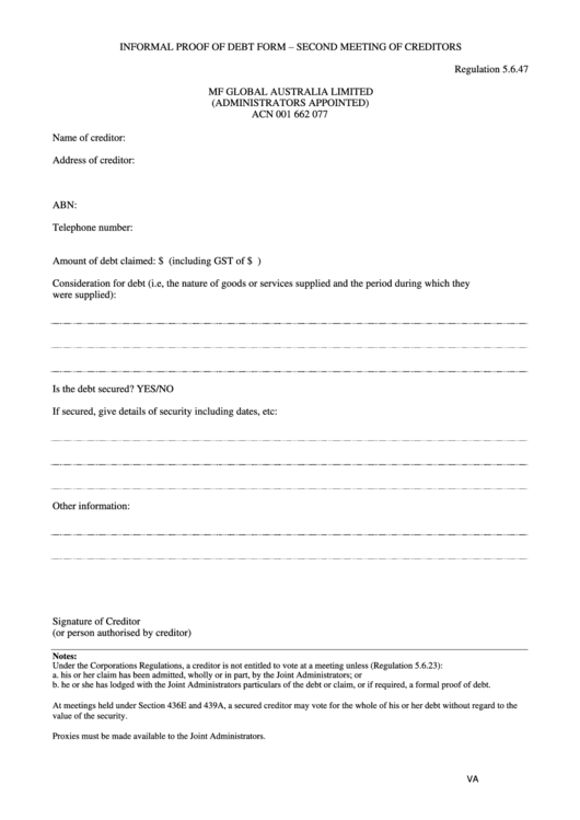 Form Va-F-133 - Informal Proof Of Debt Form - Second Meeting Of Creditors Printable pdf