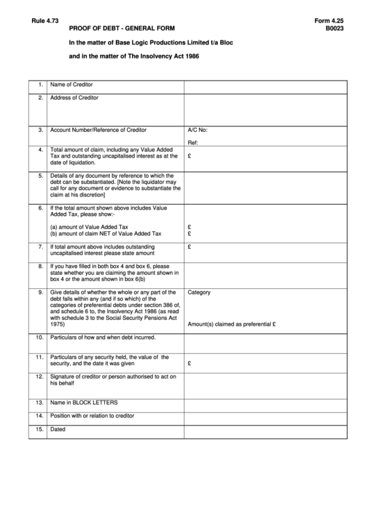 Form 4.25 - Proof Of Debt - General Form Printable pdf