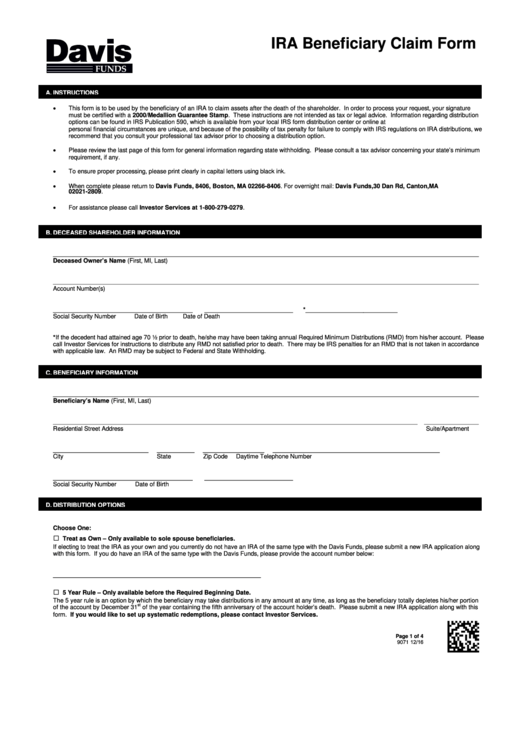 Fillable Ira Beneficiary Claim Form Printable pdf