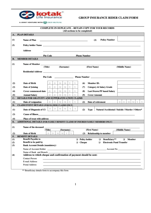 Group Insurance Rider Claim Form Printable pdf