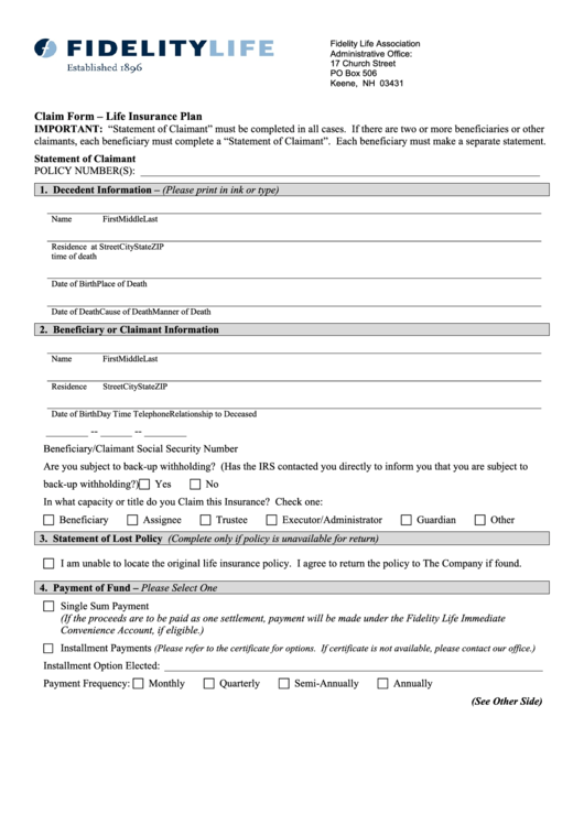 Form 3451 -Fla-07 - Claim Form - Life Insurance Plan Printable pdf