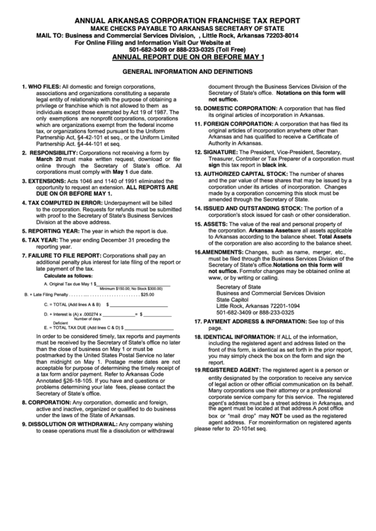 Annual Arkansas Corporation Franchise Tax Report - Arkansas Secretary Of State Printable pdf