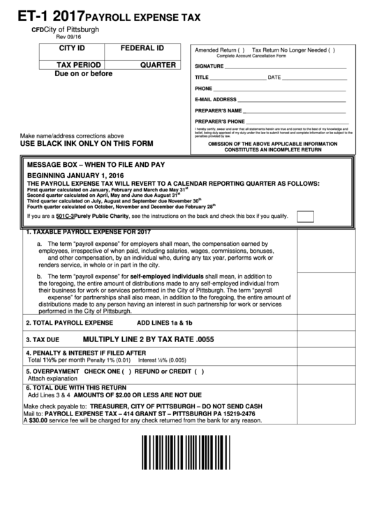 Form Et-1 - Payroll Expense Tax - City Of Pittsburgh - 2017 Printable pdf