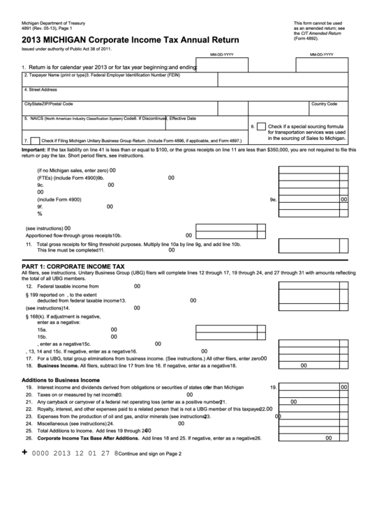 Form 4891 - Michigan Corporate Income Tax Annual Return - 2013 Printable pdf