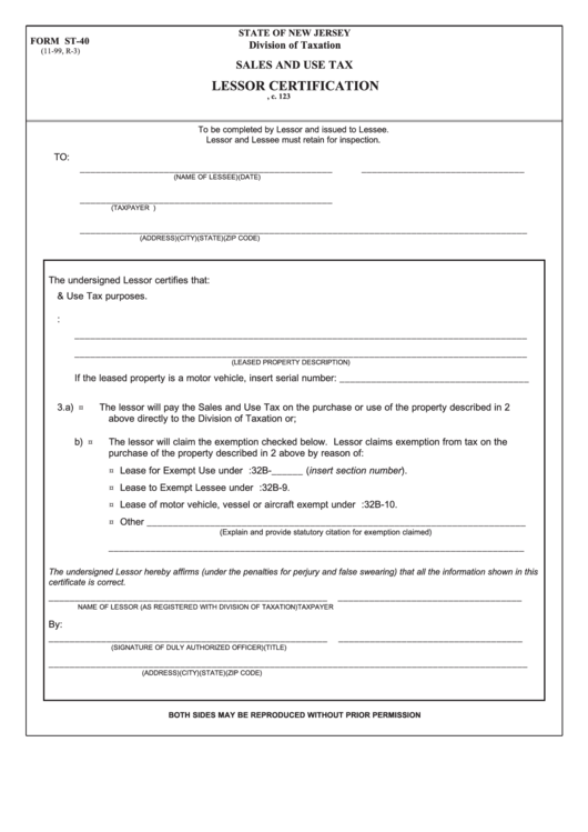 Form St-40 - Sales And Use Tax Lessor Certification - 1999 Printable pdf