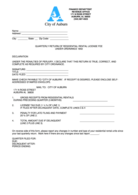 Quarterly Return Of Residential Rental License Fee - City Of Auburn Printable pdf