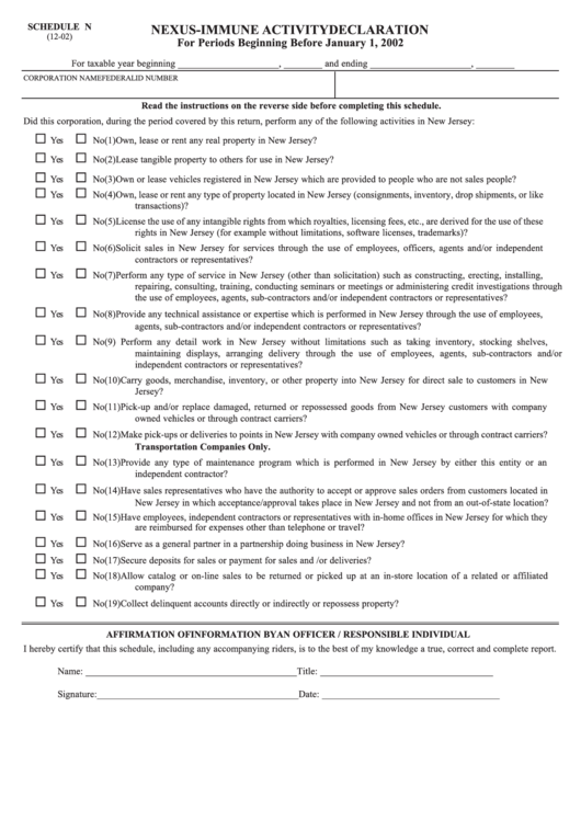 Schedule N - Nexus-Immune Activity Declaration Printable pdf