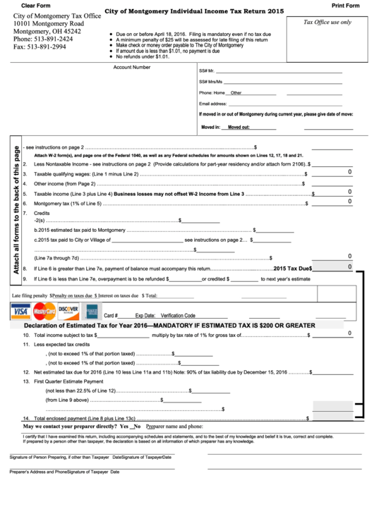 Fillable Individual Income Tax Return - City Of Montgomery - 2015 Printable pdf
