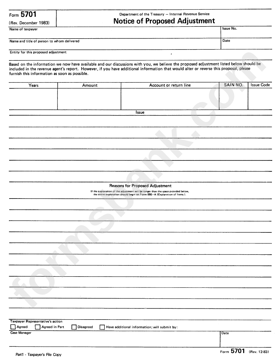 Form 5701 - Notice Of Proposed Adjustment