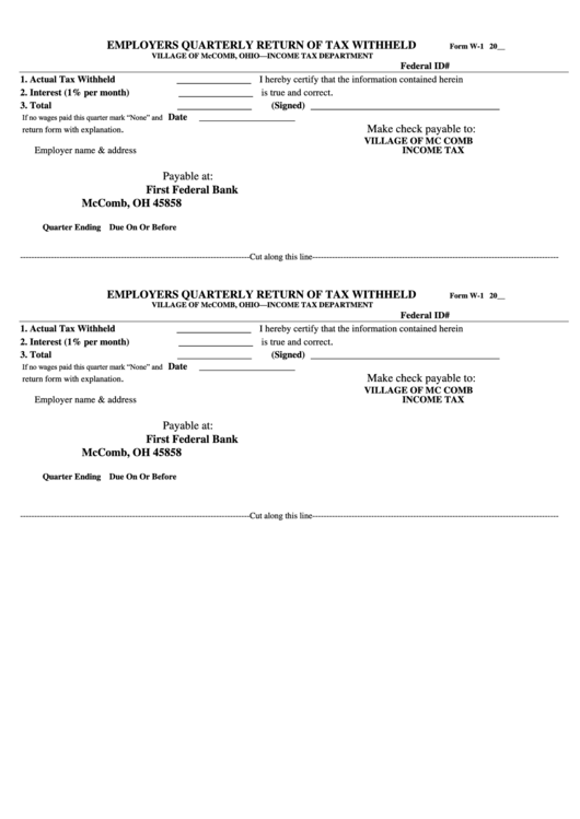 Form W-1 - Employers Quarterly Return Of Tax Withheld Printable pdf