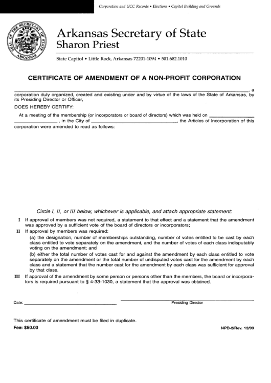Form Npo-2 - Certificate Of Amendment Of A Non-Profit Corporation - Arkansas Secretary Of State Printable pdf