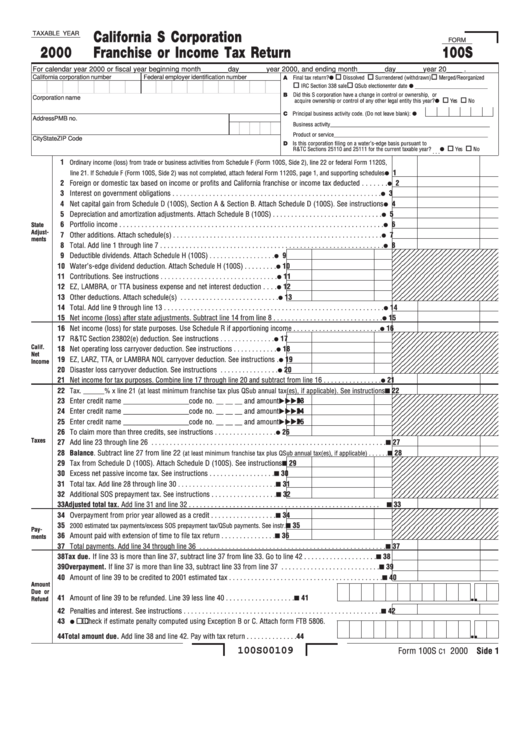 Form 100s - California S Corporation Franchise Or Income Tax Return - 2000 Printable pdf