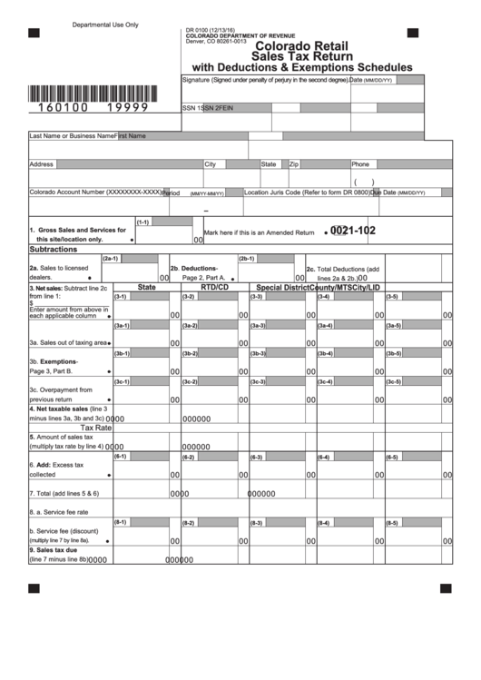 Fillable Form Dr 0100 - Colorado Retail Sales Tax Return Printable pdf