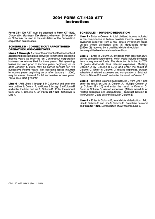 Instructions For Form Ct-1120 Att - Corporation Business Tax Return - 2001 Printable pdf