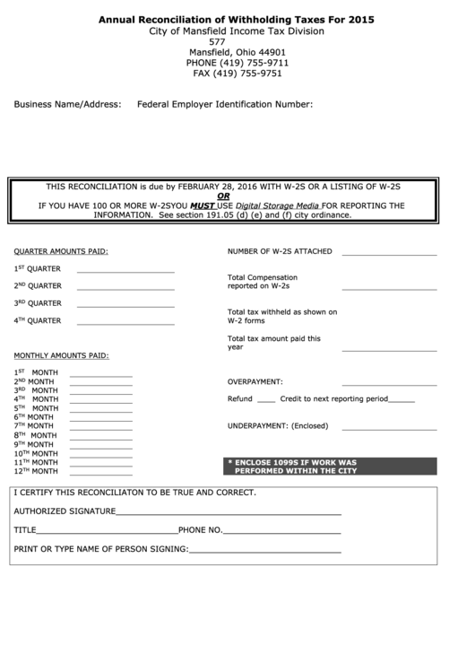 Annual Reconciliation Of Withholding Taxes - City Of Mansfield Income Tax Division - 2015 Printable pdf