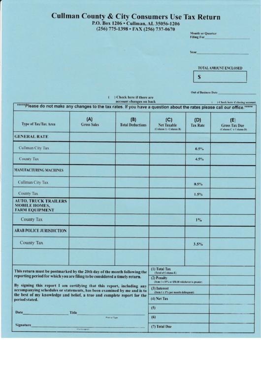 Cullman County & City Consumers Use Tax Return Printable pdf