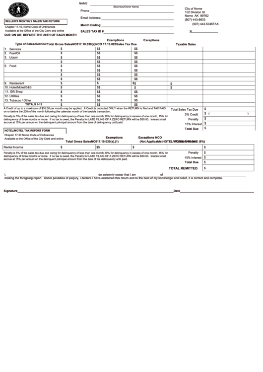 Seller'S Monthly Sales Tax Return City Of Nome printable pdf download